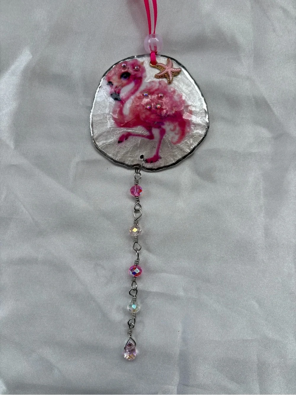 Pink Flamingo Decoupage Sand Dollar Crystal Sun Catcher